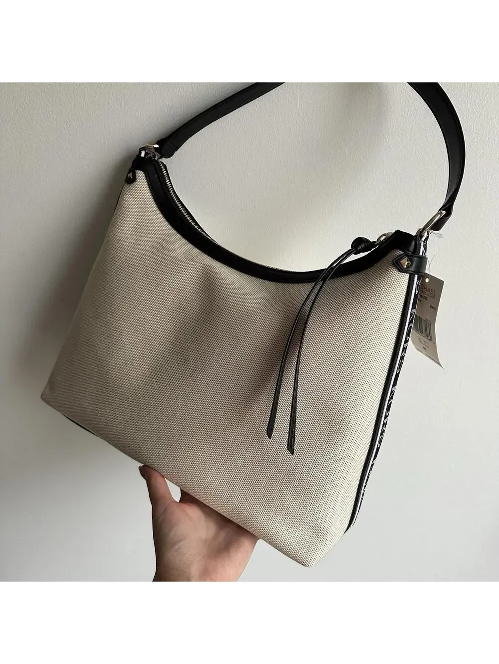 NEW $358 Michael Kors Maeve Large Hobo Bag Cream Beige Black Canavas Leather